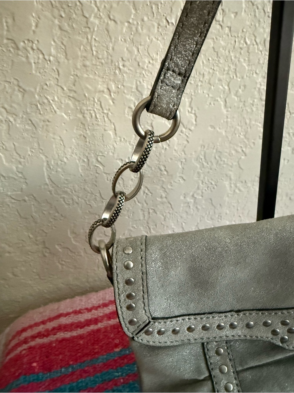 Fossil Metallic Silver Genuine Leather Studded Shoulder Bag Early 2010s - Picture 15 of 17